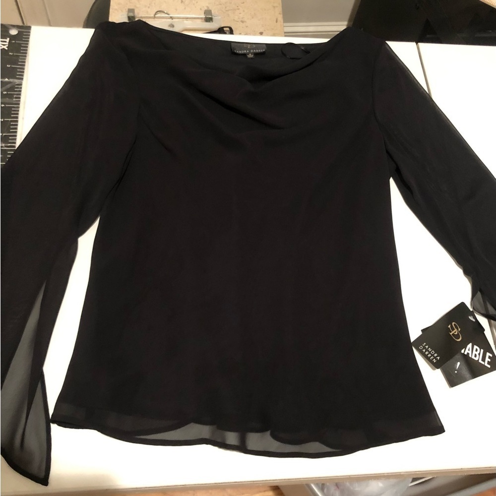 Sandra Darren  size large black dressy blouse draped neck semi sheer lined NWT